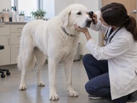 A veterinarian examining the eye of a large white Akbash dog on a clinic floor